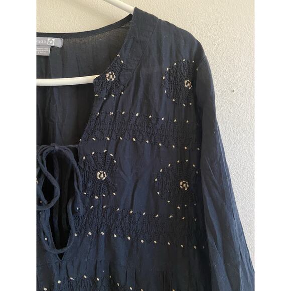 Shade Amour Black Embroidered Floral Vneck Tie Front Cotton Dress Boho Large - Picture 4 of 9